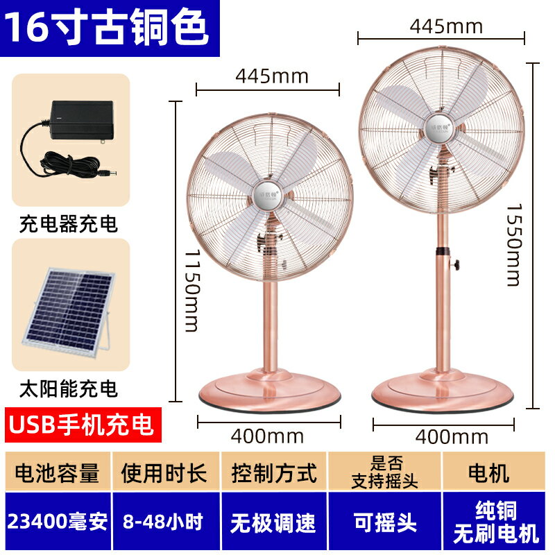 {可打統編 保固一年}可充電落地扇家用大風力立式戶外蓄電池全金屬仿復古太陽能電風扇 0