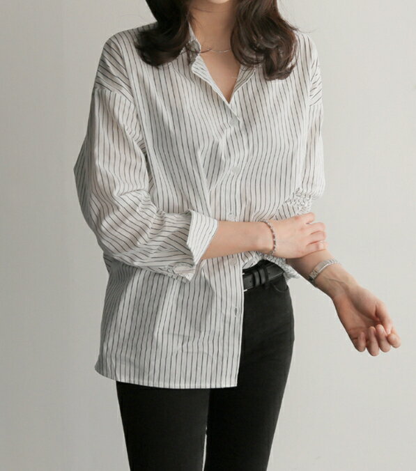 中大尺碼女裝~中長寬鬆藍條紋襯衫 女襯衫 長袖條紋襯衫 2024新款 1