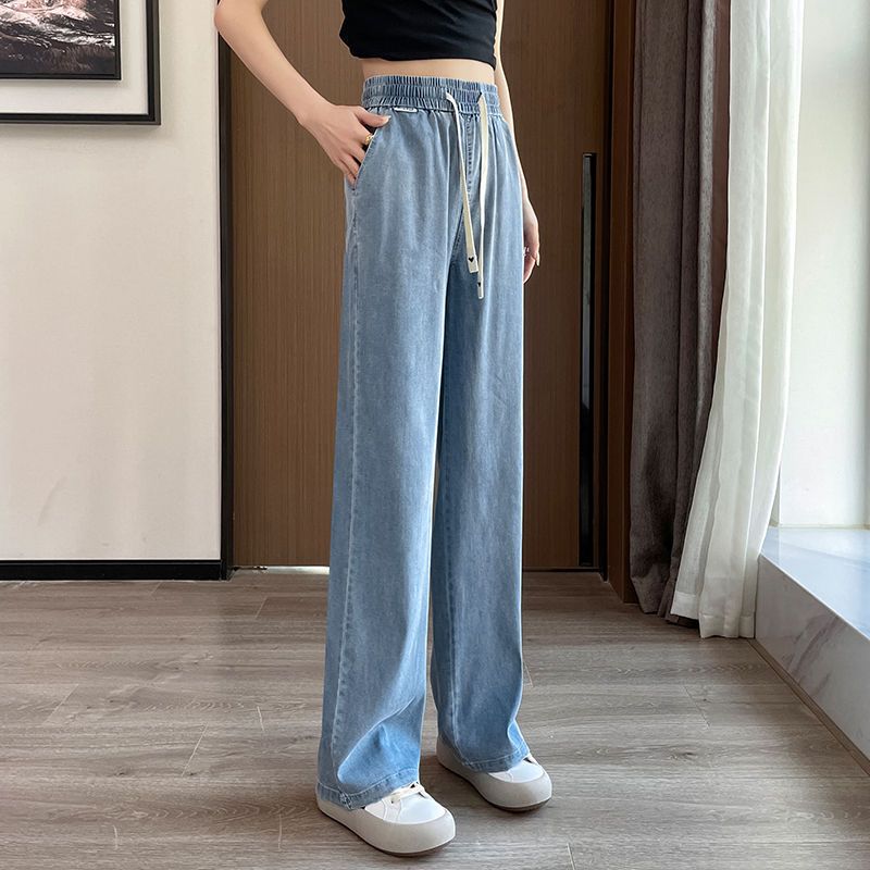 大尺碼冰絲長褲女士 2025夏季新款天絲牛仔褲女薄款松緊腰直筒休閑冰絲闊腿褲高腰垂感