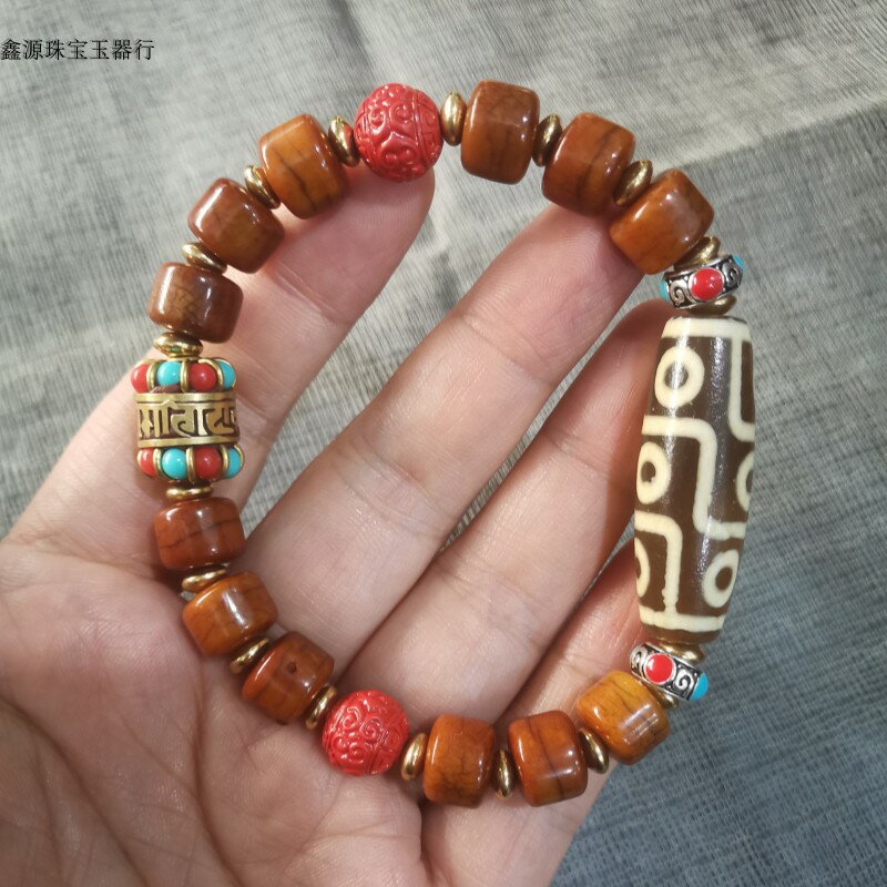 九眼天珠手串天然西藏真品老瑪瑙硃砂犛牛骨精品滿肉六字真言手鏈