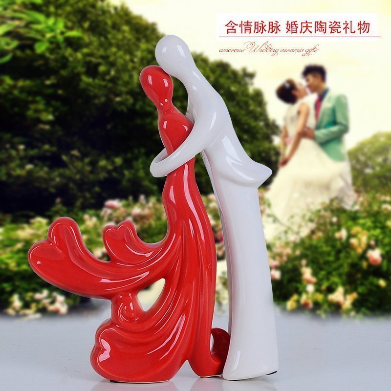 結婚禮物婚房擺件情侶人物擺件創意家居裝飾品工藝品陶瓷禮品紅色