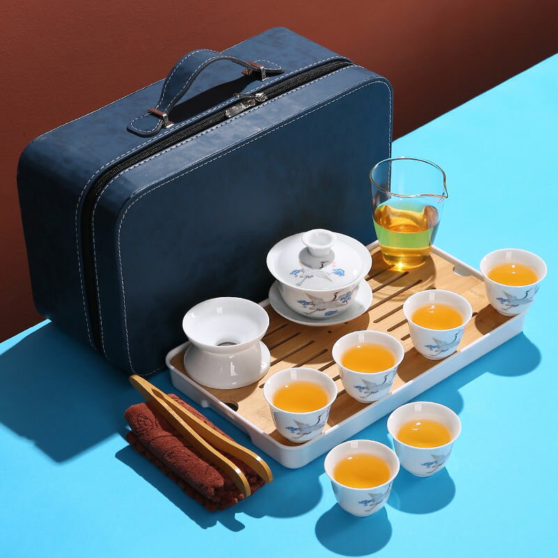 羊脂玉旅行小茶具陶瓷蓋碗茶杯白瓷戶外家用簡約中式整套便攜式包