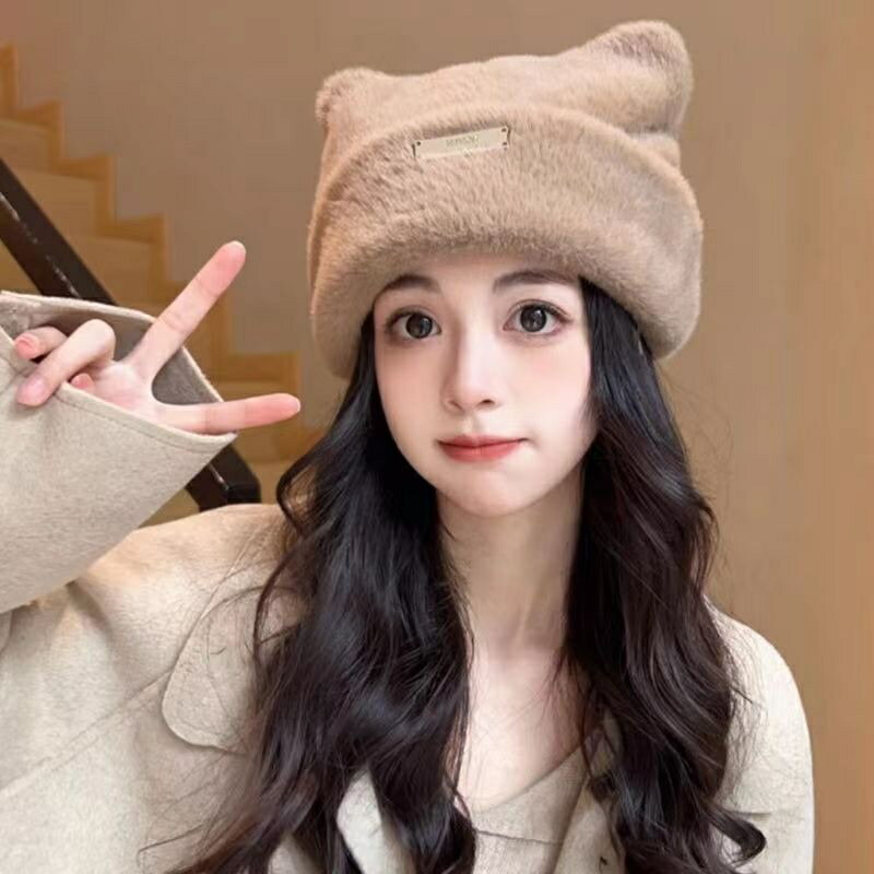 韓國新款可愛貓耳朵冷帽仿貂毛針織帽毛線帽子女秋冬時尚百搭毛絨絨日系甜美包頭帽