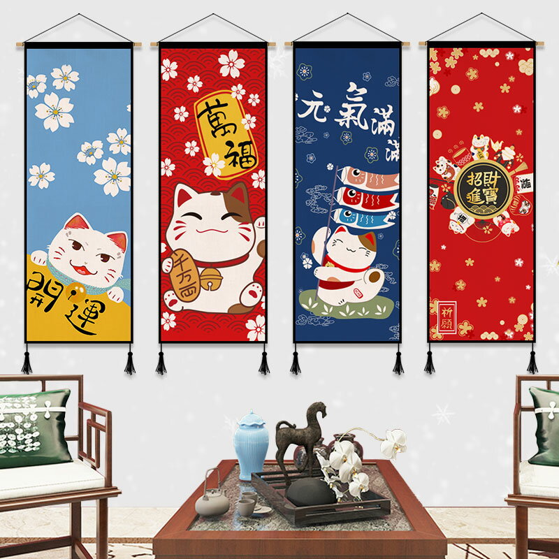 日式招財貓布藝掛畫ins掛布背景布臥室客廳掛毯墻布壁毯裝飾畫