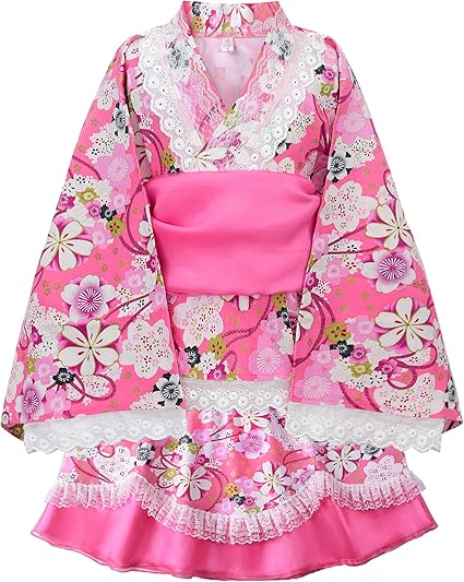 ReliBeauty【日本代購】浴衣禮服兒童女孩分離式帶金屬線帶蕾絲荷葉邊100%純棉夏祭時尚可愛兵兒腰帶套裝-粉色