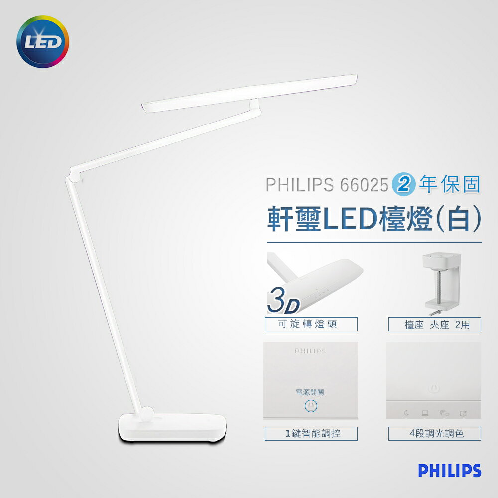 【飛利浦 PHILIPS LIGHTING】軒璽 座夾兩用LED檯燈-白色(66049)