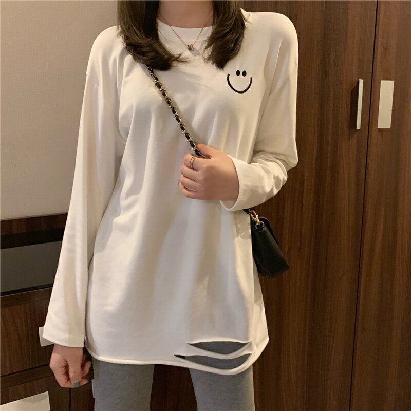 超火長袖T恤女秋冬加絨韓版破洞中長款上衣洋氣內搭打底衫新 2