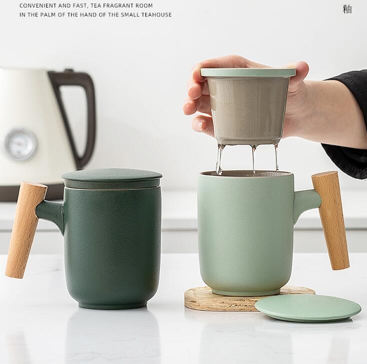 茶水分離泡茶杯子陶瓷磨砂家用辦公室木柄馬克杯帶蓋過濾個人定制 中秋節免運
