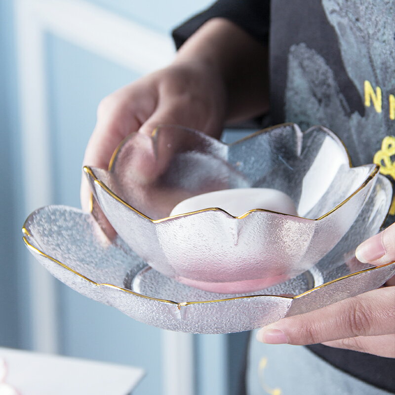 家用玻璃不規則創意金邊水果點心盤子餐具水晶小碟子沙拉盤透明碗