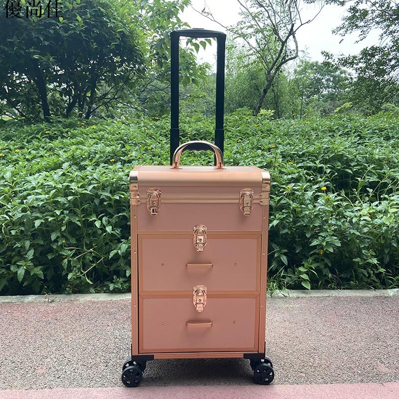 拉桿工具箱 拉桿工具包 拉桿化妝箱 箱得美鋁合金美甲工具箱三層大容量紋繡化妝美容收納萬向輪拉桿箱