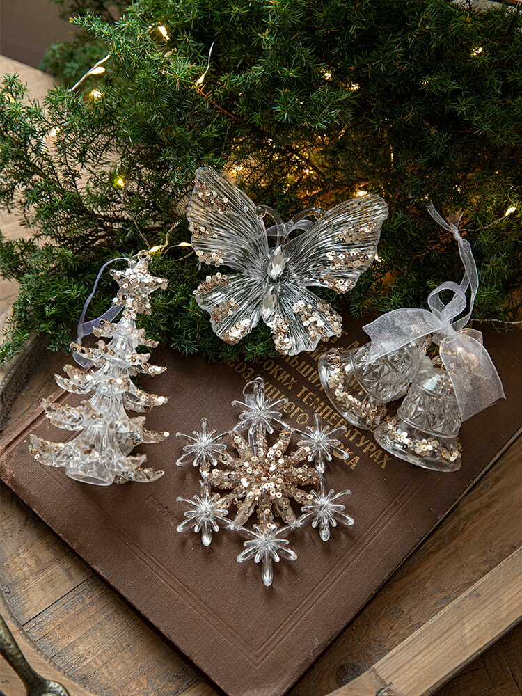 聖誕節裝飾品聖誕樹亮片閃粉透明亞克力雪花鈴鐺掛件DiY節日布置【淘夢屋】