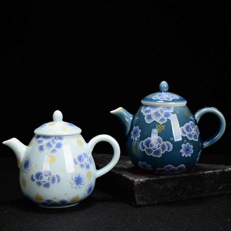 霽藍霽青色釉茶壺泡茶器 陶瓷泡茶壺單壺 復古日式 家用功夫茶具