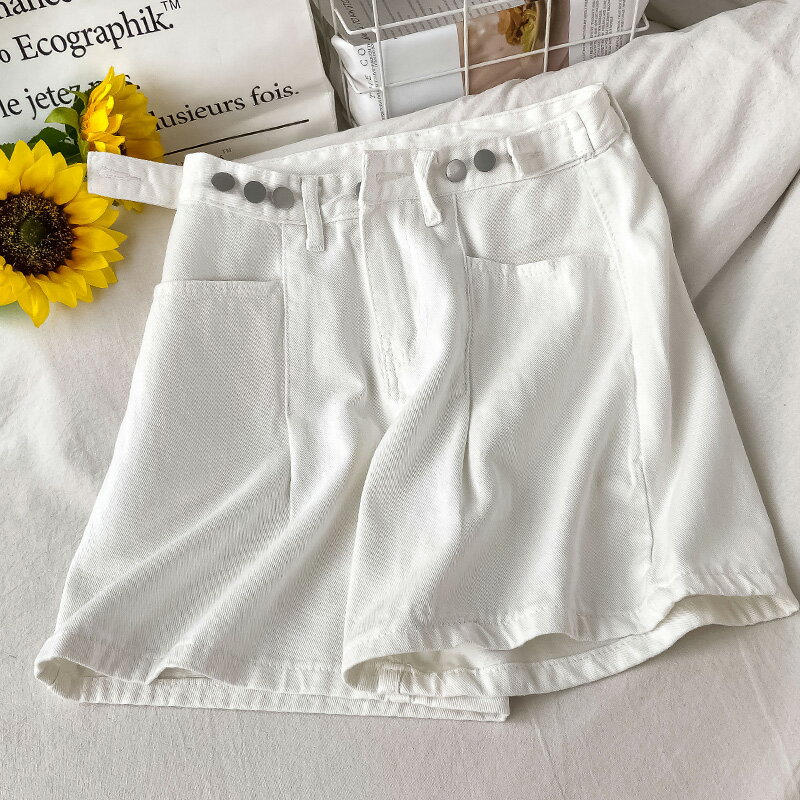 白色大口袋牛仔短褲女夏季薄款可調節小個子遮胯高腰顯瘦直筒褲潮