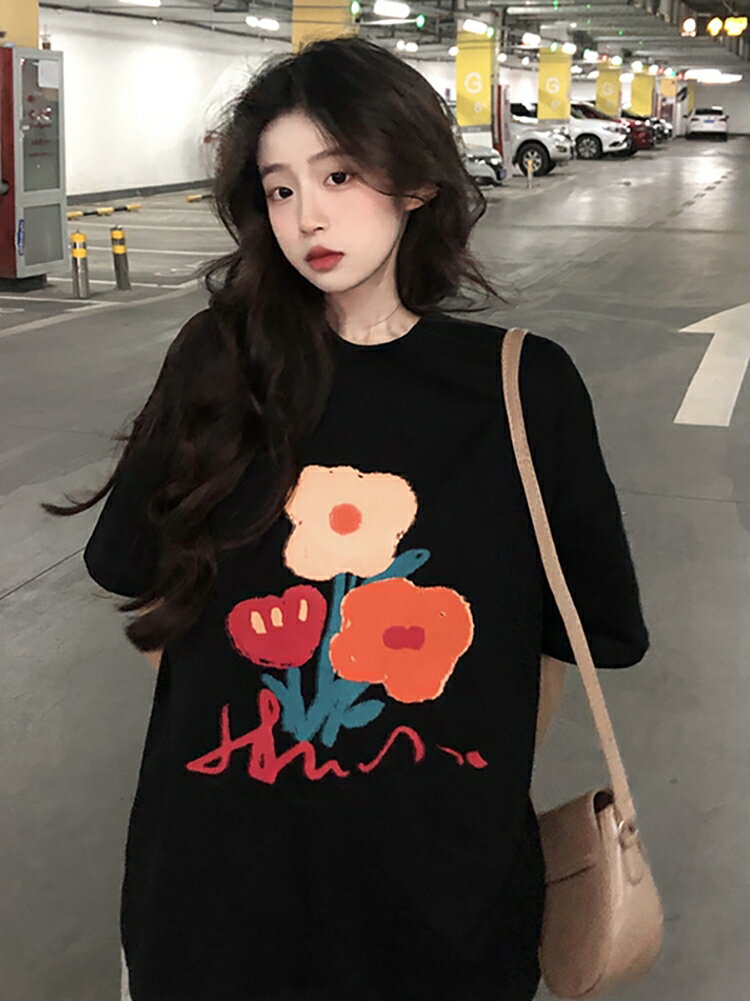 涂鴉純棉短袖T恤女裝夏季2022新款復古寬松BF風黑色打底衫上衣潮