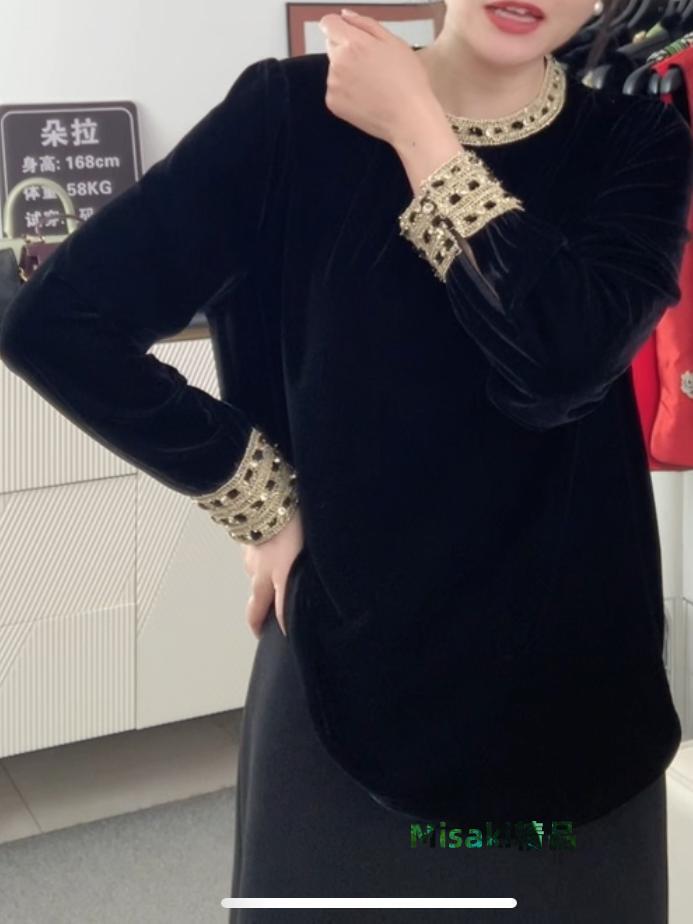 歐洲站2025春季新款高階感輕奢名媛長袖襯衫女釘珠圓領金絲絨上衣-Misaki精品