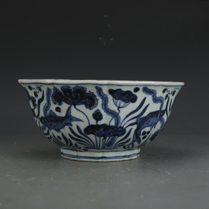 大明宣德青花魚藻紋碗古董古玩收藏真品復古瓷器老物件瓷器擺件