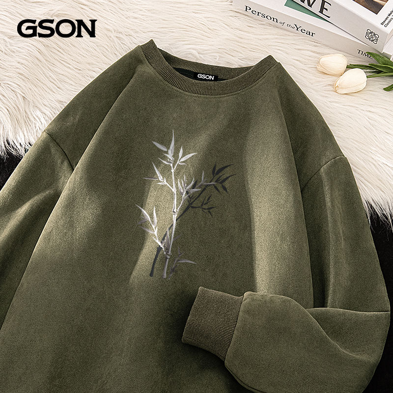 森馬集團旗下GSON新款男士圓領衛衣中國風竹子印花重磅麂皮絨外套