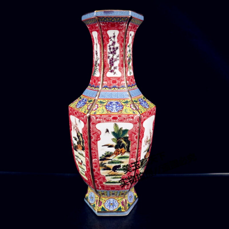 古玩 琺瑯景德鎮陶瓷器六方花瓶 古典十二生肖花瓶客廳裝飾擺件