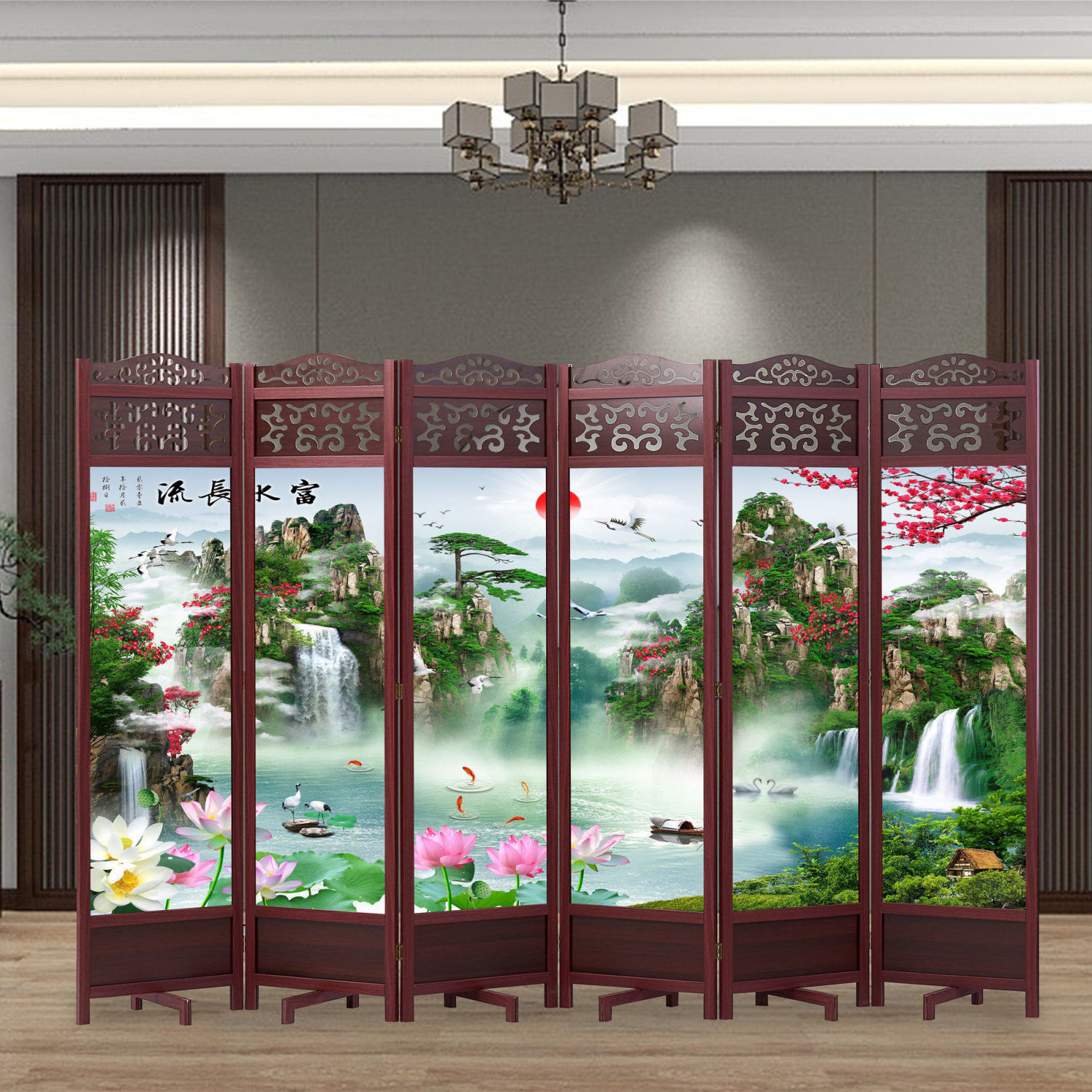 中式可折疊屏風隔斷客廳遮擋家用進門移動雙面折屏酒店裝飾屏風