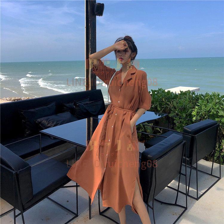 洋裝法式襯衫裙子女寬松顯瘦氣質西服領側邊開叉時尚百搭潮春夏新款【倪醬】