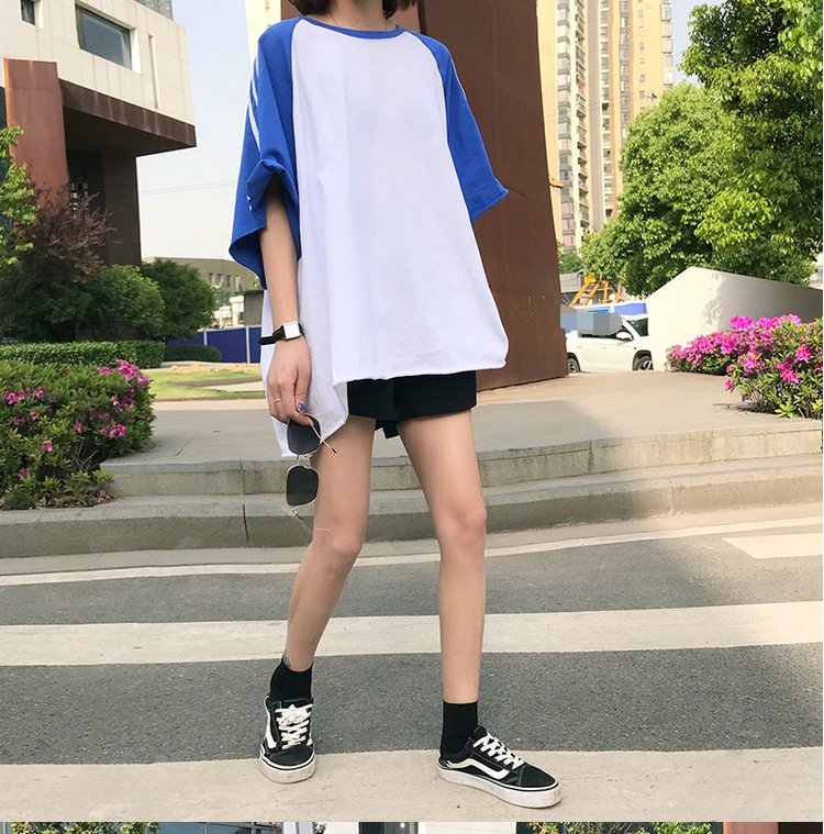 FINDSENSE H1 2018 韓國 夏季原宿 清新 圓領 女 三條槓T恤 拼接條紋 寬松 百搭 短袖半袖 上衣 潮