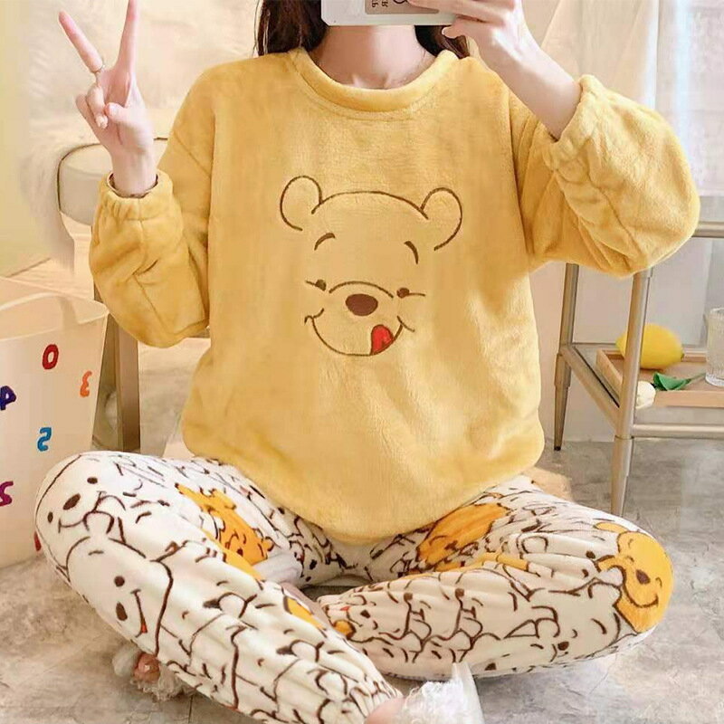 睡衣女秋冬珊瑚絨加厚韓版卡通法蘭絨可外穿大碼圓領家居服兩件套