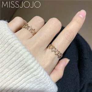 日韓版簡約五角星星鏤空寬版鈦鋼鍍18K玫瑰金彩金食指戒指女尾戒