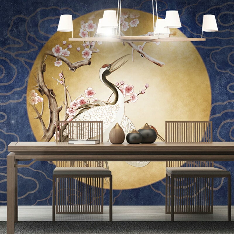 3D仙鶴壁畫客廳背景墻臥室餐廳美容院裝飾墻布復古風現代中式墻紙