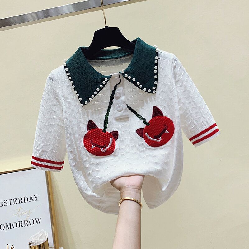 品牌折扣女裝專櫃撤櫃尾貨夏季重工釘珠鏤空櫻桃娃娃領針織衫上衣