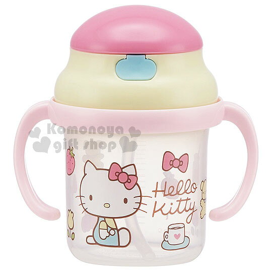 小禮堂 Hello Kitty 幼兒雙耳學習杯《粉.坐姿.草莓.鬱金香.230ml》吸管式.適用8個月大寶寶