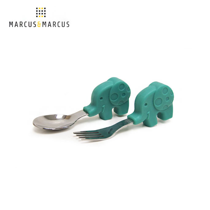 【加拿大 Marcus & Marcus】動物樂園寶寶手握訓練叉匙 - 大象 (綠)