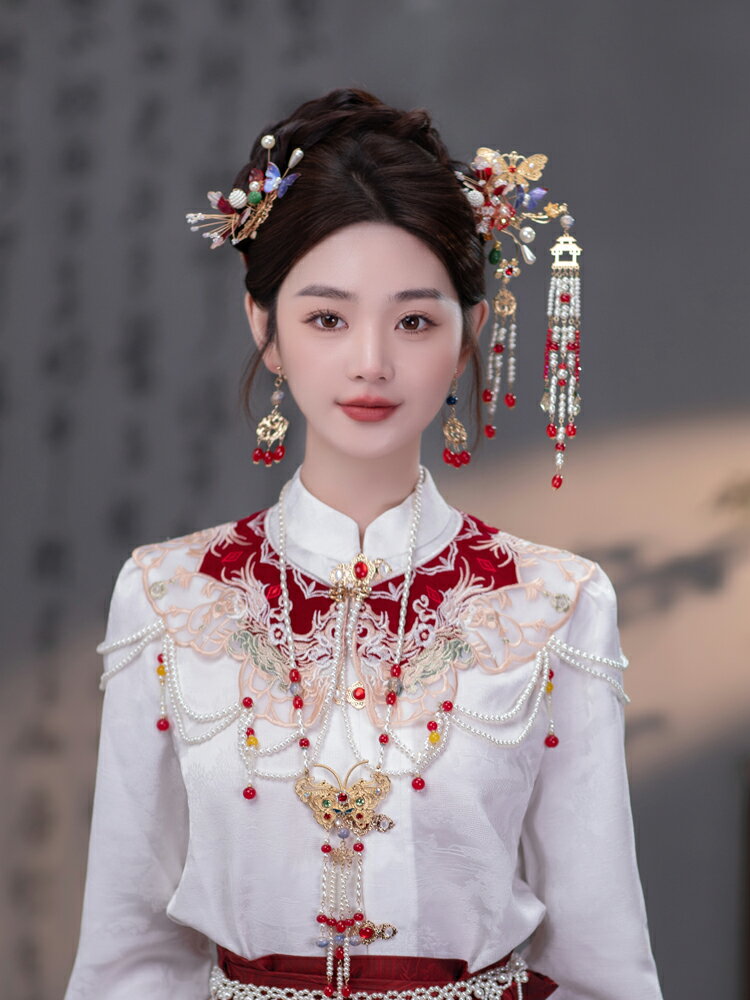 新娘頭飾中式古風馬面裙中國風超仙氣質新中式古典盤發結婚發飾品