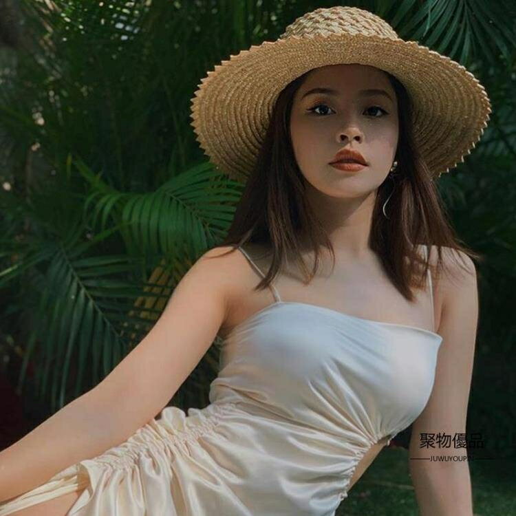 草帽女森系防紫外線手工編織時尚大沿度假沙灘遮陽太陽帽【聚物優品】