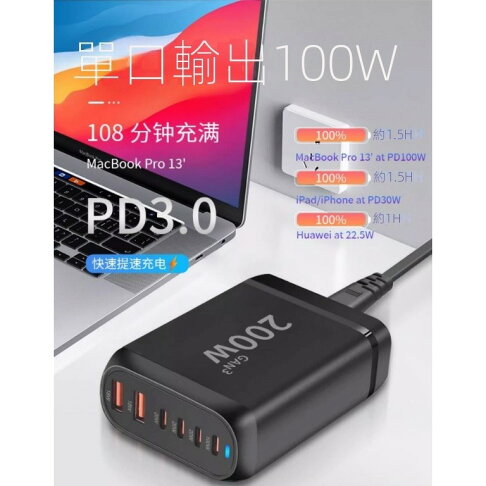 200W氮化鎵充電器 GAN充電器 4C2A快充頭 快充豆腐頭 PD100W快充充電頭 筆電充電器 旅行充 桌面充適配器【APP下單享4%回饋】 3