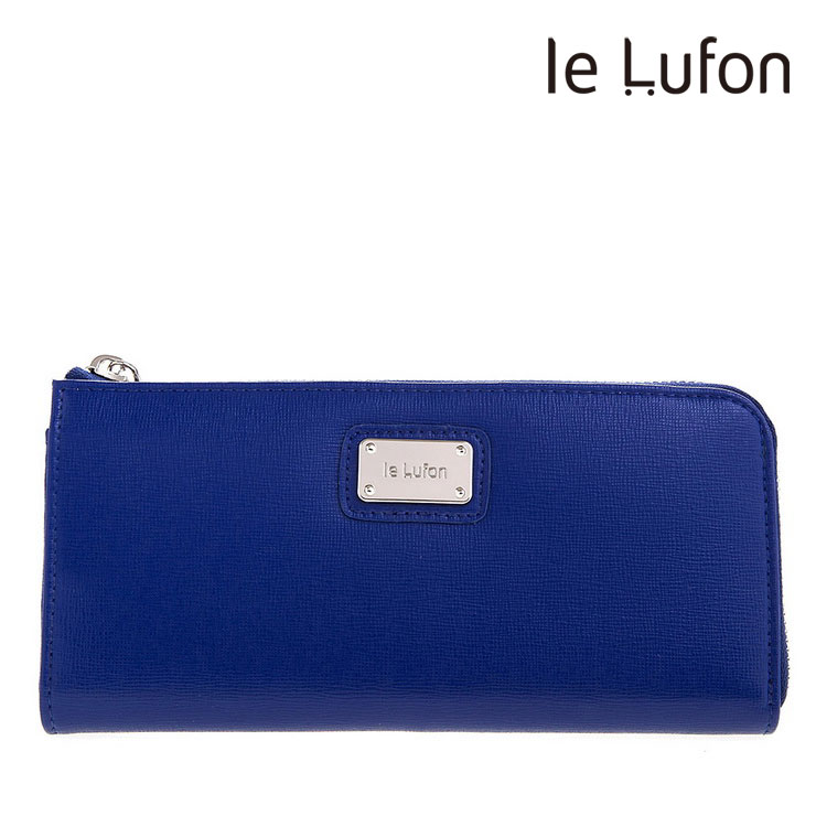 【le Lufon】寶藍色十字紋皮革金屬名牌點飾風琴式Ｌ型拉鍊長皮夾－長夾/零錢包/皮夾（黑色／寶藍色）