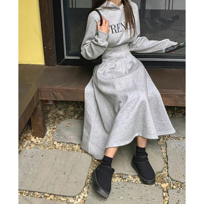 ANNAS 正韓字母連帽刷毛洋裝 腰身 縮腰 打折 長袖 長裙 長洋裝 連身裙 顯瘦 棉質 保暖 刷絨 韓國 6