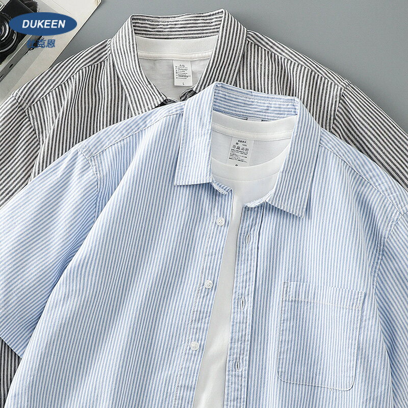 藍白色條紋短袖襯衫男夏季寬松休閑牛津紡襯衣男士純棉寸衫薄外套