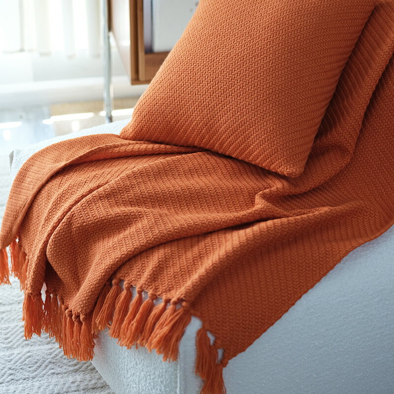 民宿酒店床尾巾搭毯亮橘色裝飾毯針織北歐床旗純色簡約風新款包郵