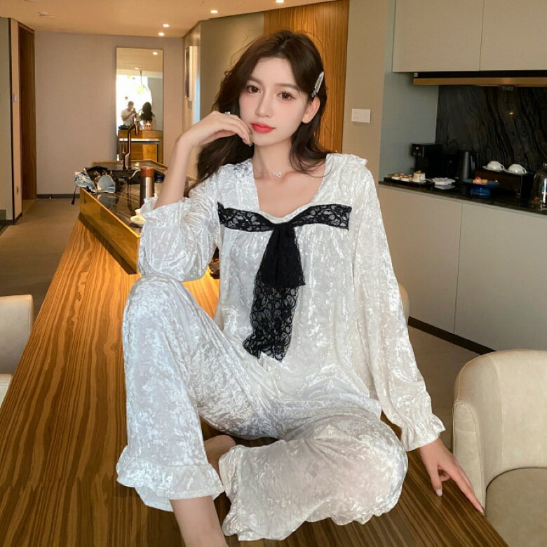 宮廷風睡衣女長袖金絲絨氣質甜美純色蕾絲方領秋冬女士家居服套裝