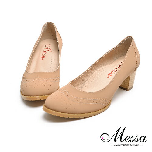 <br/><br/>  【Messa米莎專櫃女鞋】MIT-甜美蜜桃絨面雕花內真皮粗跟包鞋-棕色<br/><br/>
