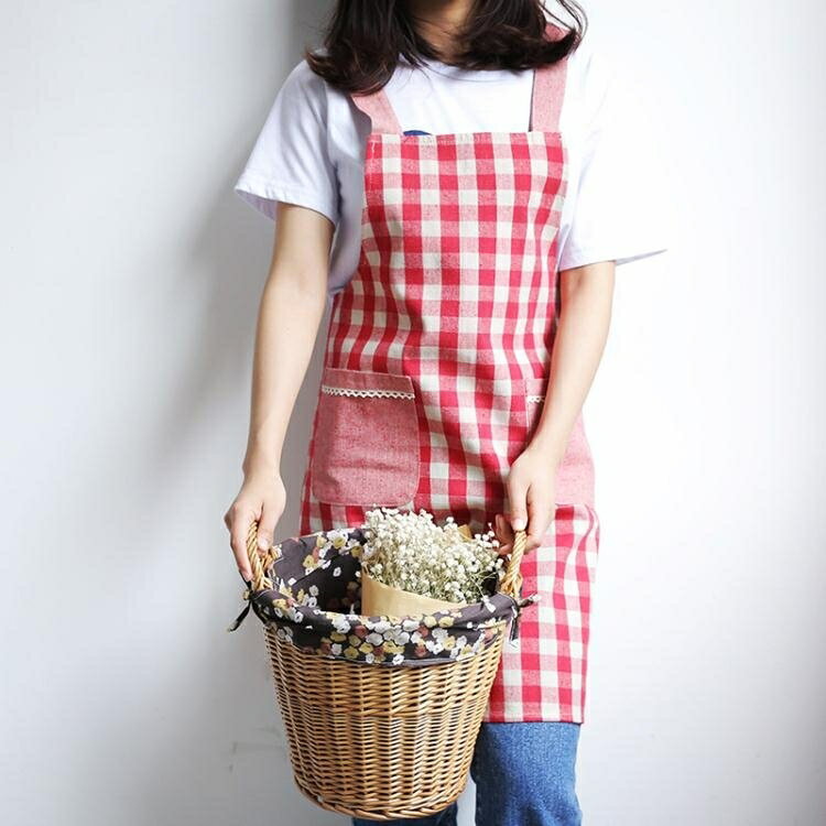 日式格子個性廚房家用棉麻圍裙簡約時尚防污背帶摩登主婦無袖罩衣 居家物語
