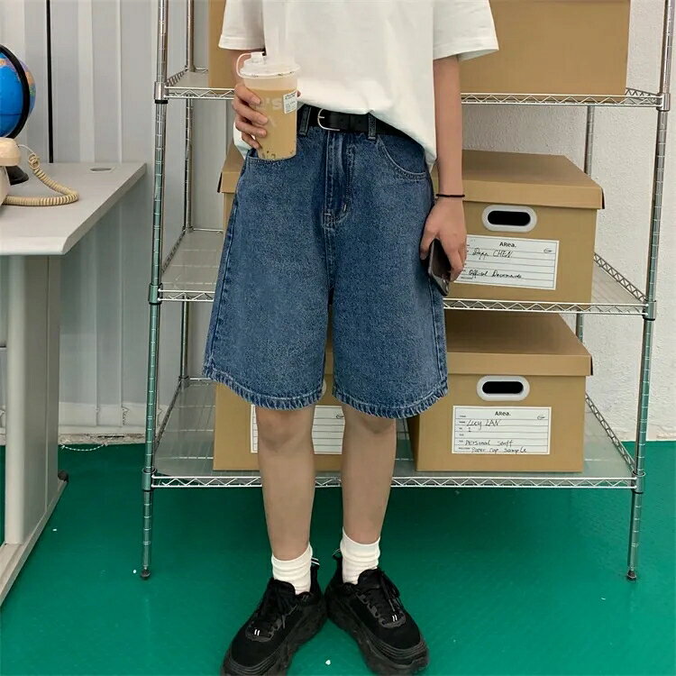 大碼胖mm闊腿牛仔短褲女2021夏季新款復古寬松百搭學生高腰五分褲