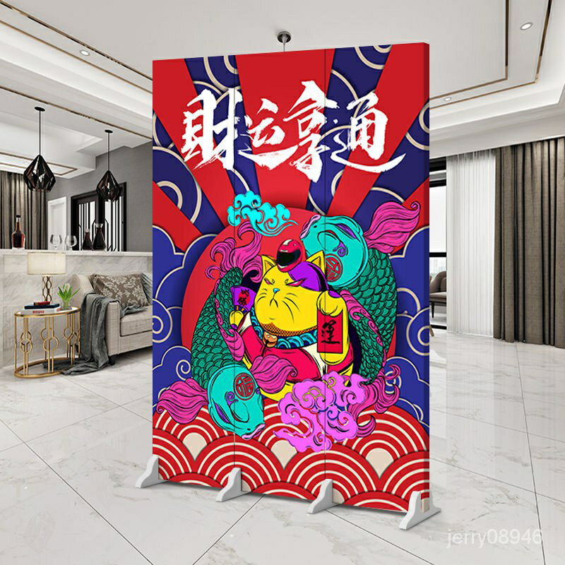 日式招財貓屏風料理店門口遮擋和風雙面背景折疊移動隔斷浮世繪