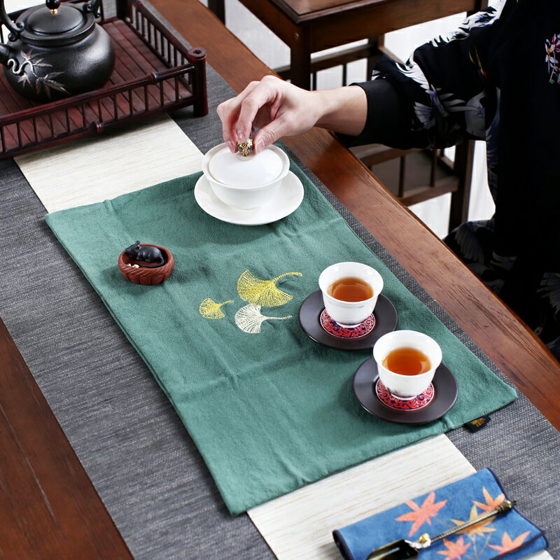 晟窯棉麻刺繡幹泡茶席防水桌墊日式加厚茶杯墊幹泡茶臺茶道配件