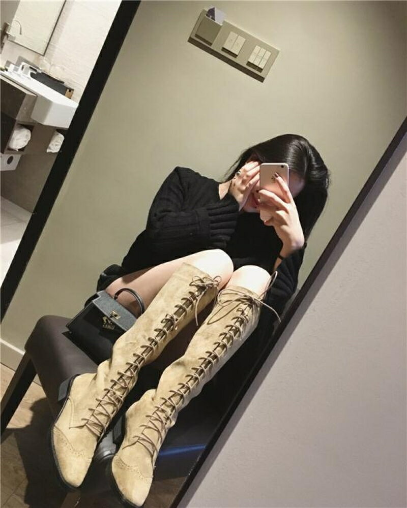 復古馬丁靴女短靴女春秋騎士繫帶長筒靴馬靴粗跟過膝綁帶 清涼一夏鉅惠