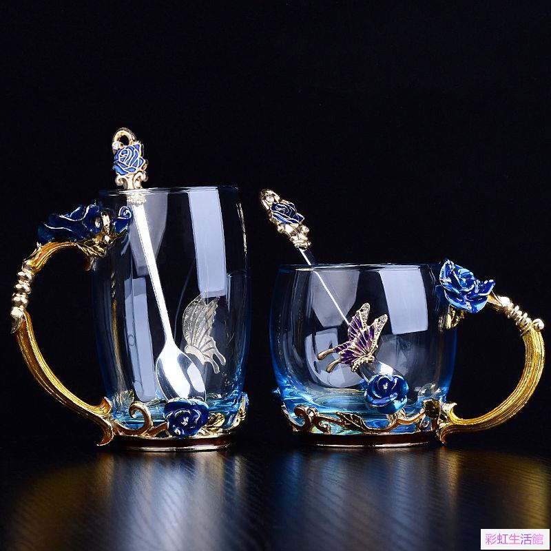 歐式琺瑯彩水杯耐熱玻璃杯咖啡泡茶杯子女花茶杯家用杯子玫瑰水杯創意情侶禮物