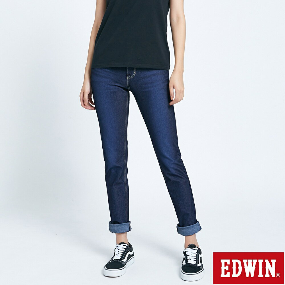 EDWIN 女款 JERSEYS 全方位超彈力高腰丹寧錐形迦績褲 (原藍磨)