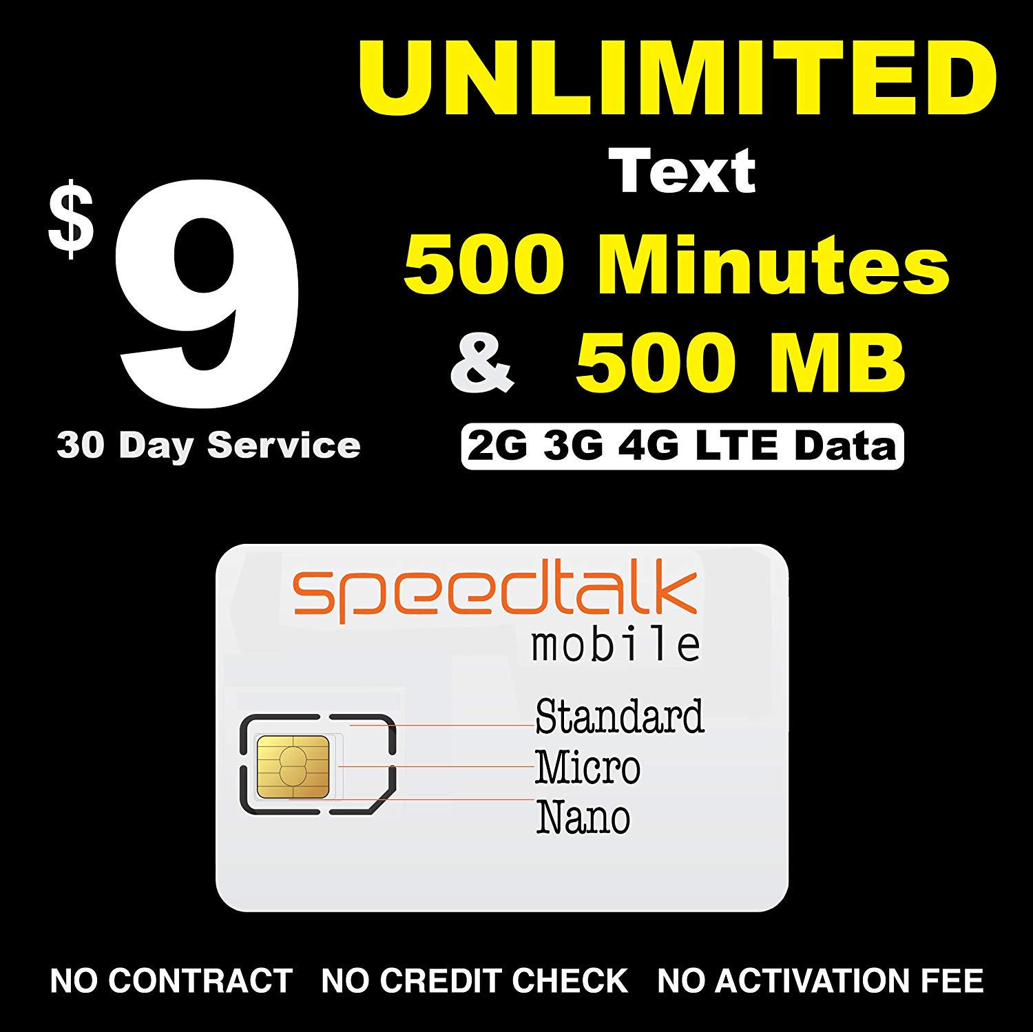 SpeedTalk Mobile GSM SIM Card Unlimited Text 500 Minutes & 500 MB Data