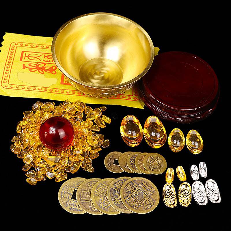 黃銅聚寶盆水晶結婚擺件家居財位桌面擺件工藝禮品