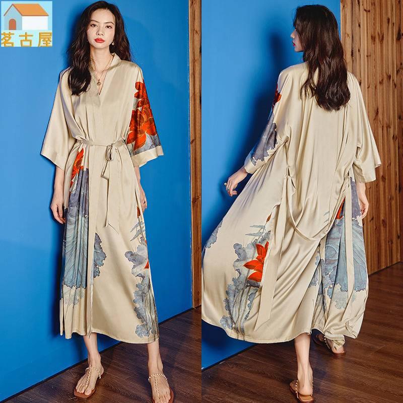 2022新款緞面雪紡睡衣女夏大尺碼冰絲綢輕奢睡袍浴袍涼感家居服